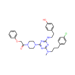 CN(CCCc1ccc(Cl)cc1)c1nc(NCCc2ccc(O)cc2)nc(N2CCN(C(=O)COc3ccccc3)CC2)n1 ZINC000027628060