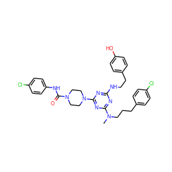 CN(CCCc1ccc(Cl)cc1)c1nc(NCCc2ccc(O)cc2)nc(N2CCN(C(=O)Nc3ccc(Cl)cc3)CC2)n1 ZINC000027631848