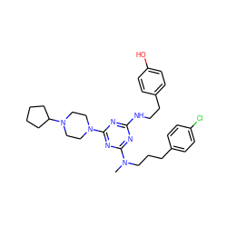 CN(CCCc1ccc(Cl)cc1)c1nc(NCCc2ccc(O)cc2)nc(N2CCN(C3CCCC3)CC2)n1 ZINC000027633919