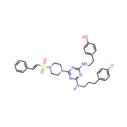 CN(CCCc1ccc(Cl)cc1)c1nc(NCCc2ccc(O)cc2)nc(N2CCN(S(=O)(=O)/C=C/c3ccccc3)CC2)n1 ZINC000027632895