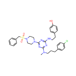 CN(CCCc1ccc(Cl)cc1)c1nc(NCCc2ccc(O)cc2)nc(N2CCN(S(=O)(=O)Cc3ccccc3)CC2)n1 ZINC000027632889