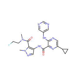 CN(CCF)C(=O)c1c(NC(=O)c2nc(C3CC3)cnc2Nc2cncnc2)cnn1C ZINC000169701866