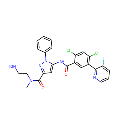 CN(CCN)C(=O)c1cc(NC(=O)c2cc(-c3ncccc3F)c(Cl)cc2Cl)n(-c2ccccc2)n1 ZINC001772639886