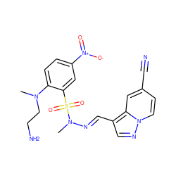 CN(CCN)c1ccc([N+](=O)[O-])cc1S(=O)(=O)N(C)/N=C/c1cnn2ccc(C#N)cc12 ZINC001772654534