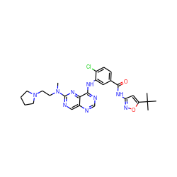 CN(CCN1CCCC1)c1ncc2ncnc(Nc3cc(C(=O)Nc4cc(C(C)(C)C)on4)ccc3Cl)c2n1 ZINC000148085057