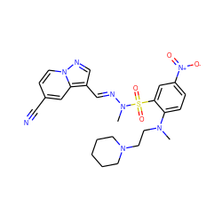 CN(CCN1CCCCC1)c1ccc([N+](=O)[O-])cc1S(=O)(=O)N(C)/N=C/c1cnn2ccc(C#N)cc12 ZINC000203831214