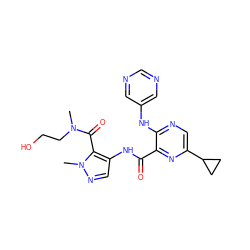 CN(CCO)C(=O)c1c(NC(=O)c2nc(C3CC3)cnc2Nc2cncnc2)cnn1C ZINC000149494152