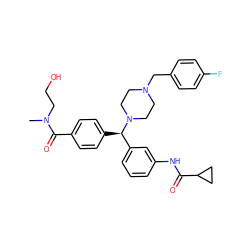 CN(CCO)C(=O)c1ccc([C@H](c2cccc(NC(=O)C3CC3)c2)N2CCN(Cc3ccc(F)cc3)CC2)cc1 ZINC000073196814