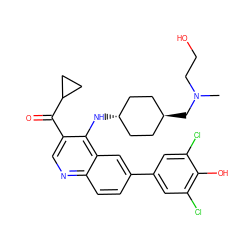 CN(CCO)C[C@H]1CC[C@H](Nc2c(C(=O)C3CC3)cnc3ccc(-c4cc(Cl)c(O)c(Cl)c4)cc23)CC1 ZINC000473159082