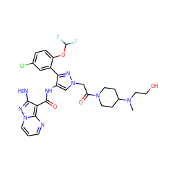 CN(CCO)C1CCN(C(=O)Cn2cc(NC(=O)c3c(N)nn4cccnc34)c(-c3cc(Cl)ccc3OC(F)F)n2)CC1 ZINC001772574577