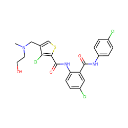 CN(CCO)Cc1csc(C(=O)Nc2ccc(Cl)cc2C(=O)Nc2ccc(Cl)cc2)c1Cl ZINC000014963710