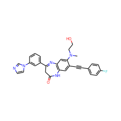 CN(CCO)c1cc2c(cc1C#Cc1ccc(F)cc1)NC(=O)CC(c1cccc(-n3ccnc3)c1)=N2 ZINC000101140914