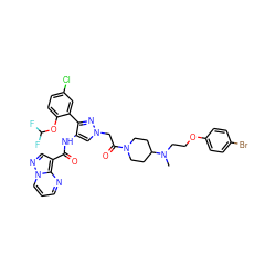 CN(CCOc1ccc(Br)cc1)C1CCN(C(=O)Cn2cc(NC(=O)c3cnn4cccnc34)c(-c3cc(Cl)ccc3OC(F)F)n2)CC1 ZINC001772657545