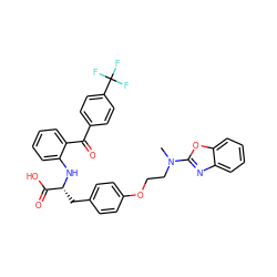 CN(CCOc1ccc(C[C@@H](Nc2ccccc2C(=O)c2ccc(C(F)(F)F)cc2)C(=O)O)cc1)c1nc2ccccc2o1 ZINC000004137615