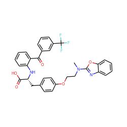 CN(CCOc1ccc(C[C@@H](Nc2ccccc2C(=O)c2cccc(C(F)(F)F)c2)C(=O)O)cc1)c1nc2ccccc2o1 ZINC000004137609