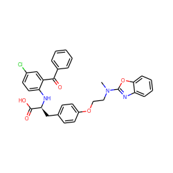 CN(CCOc1ccc(C[C@H](Nc2ccc(Cl)cc2C(=O)c2ccccc2)C(=O)O)cc1)c1nc2ccccc2o1 ZINC000003834052