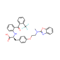 CN(CCOc1ccc(C[C@H](Nc2ccccc2C(=O)c2ccccc2C(F)(F)F)C(=O)O)cc1)c1nc2ccccc2o1 ZINC000004137610