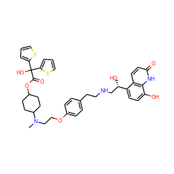 CN(CCOc1ccc(CCNC[C@H](O)c2ccc(O)c3[nH]c(=O)ccc23)cc1)C1CCC(OC(=O)C(O)(c2cccs2)c2cccs2)CC1 ZINC000199835867