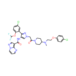 CN(CCOc1ccc(Cl)cc1)C1CCN(C(=O)Cn2cc(NC(=O)c3cnn4cccnc34)c(-c3cc(Cl)ccc3OC(F)F)n2)CC1 ZINC001772597251