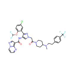 CN(CCc1ccc(C(F)(F)F)cc1)C1CCN(C(=O)Cn2cc(NC(=O)c3cnn4cccnc34)c(-c3cc(Cl)ccc3OC(F)F)n2)CC1 ZINC001772576328