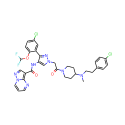 CN(CCc1ccc(Cl)cc1)C1CCN(C(=O)Cn2cc(NC(=O)c3cnn4cccnc34)c(-c3cc(Cl)ccc3OC(F)F)n2)CC1 ZINC001772654392