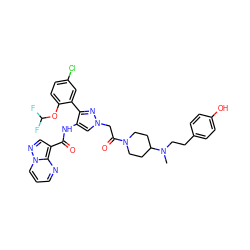 CN(CCc1ccc(O)cc1)C1CCN(C(=O)Cn2cc(NC(=O)c3cnn4cccnc34)c(-c3cc(Cl)ccc3OC(F)F)n2)CC1 ZINC001772645863