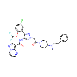 CN(CCc1ccccc1)C1CCN(C(=O)Cn2cc(NC(=O)c3cnn4cccnc34)c(-c3cc(Cl)ccc3OC(F)F)n2)CC1 ZINC001772623209