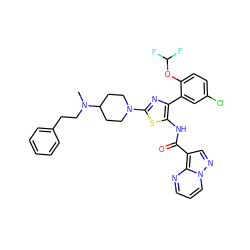 CN(CCc1ccccc1)C1CCN(c2nc(-c3cc(Cl)ccc3OC(F)F)c(NC(=O)c3cnn4cccnc34)s2)CC1 ZINC001772621640