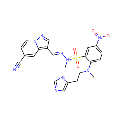 CN(CCc1cnc[nH]1)c1ccc([N+](=O)[O-])cc1S(=O)(=O)N(C)/N=C/c1cnn2ccc(C#N)cc12 ZINC001772570257