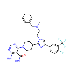 CN(CCn1cc(-c2ccc(F)c(C(F)(F)F)c2)nc1C1CCN(c2ncnc(N)c2C(N)=O)CC1)Cc1ccccc1 ZINC000219783012