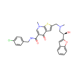 CN(Cc1cc2c(=O)c(C(=O)NCc3ccc(Cl)cc3)cn(C)c2s1)C[C@@H](O)c1cc2ccccc2o1 ZINC000014192244