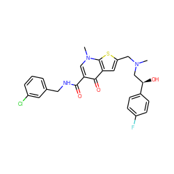 CN(Cc1cc2c(=O)c(C(=O)NCc3cccc(Cl)c3)cn(C)c2s1)C[C@@H](O)c1ccc(F)cc1 ZINC000028901438