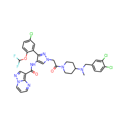 CN(Cc1ccc(Cl)c(Cl)c1)C1CCN(C(=O)Cn2cc(NC(=O)c3cnn4cccnc34)c(-c3cc(Cl)ccc3OC(F)F)n2)CC1 ZINC001772641173