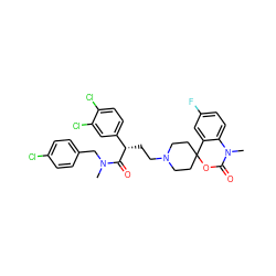 CN(Cc1ccc(Cl)cc1)C(=O)[C@@H](CCN1CCC2(CC1)OC(=O)N(C)c1ccc(F)cc12)c1ccc(Cl)c(Cl)c1 ZINC000043197082