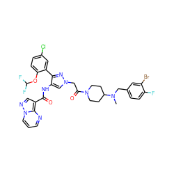 CN(Cc1ccc(F)c(Br)c1)C1CCN(C(=O)Cn2cc(NC(=O)c3cnn4cccnc34)c(-c3cc(Cl)ccc3OC(F)F)n2)CC1 ZINC001772572898