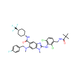 CN(Cc1ccc(F)cc1)c1cc2c(cc1C(=O)N[C@H]1CC[C@H](C(F)(F)F)CC1)nc(Nc1c(Cl)ccc(CNC(=O)C(C)(C)C)c1Cl)n2C ZINC000261146784