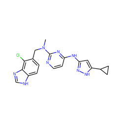 CN(Cc1ccc2[nH]cnc2c1Cl)c1nccc(Nc2cc(C3CC3)[nH]n2)n1 ZINC000207542224