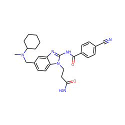 CN(Cc1ccc2c(c1)nc(NC(=O)c1ccc(C#N)cc1)n2CCC(N)=O)C1CCCCC1 ZINC000040422942