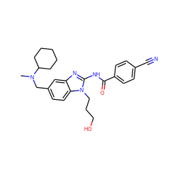 CN(Cc1ccc2c(c1)nc(NC(=O)c1ccc(C#N)cc1)n2CCCO)C1CCCCC1 ZINC000045495144