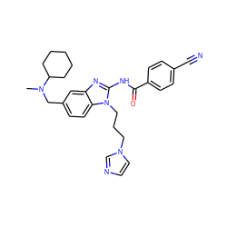 CN(Cc1ccc2c(c1)nc(NC(=O)c1ccc(C#N)cc1)n2CCCn1ccnc1)C1CCCCC1 ZINC000045497361