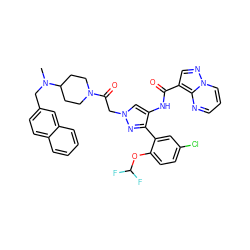 CN(Cc1ccc2ccccc2c1)C1CCN(C(=O)Cn2cc(NC(=O)c3cnn4cccnc34)c(-c3cc(Cl)ccc3OC(F)F)n2)CC1 ZINC001772647669