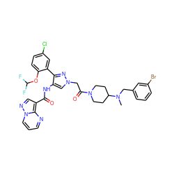 CN(Cc1cccc(Br)c1)C1CCN(C(=O)Cn2cc(NC(=O)c3cnn4cccnc34)c(-c3cc(Cl)ccc3OC(F)F)n2)CC1 ZINC001772655946