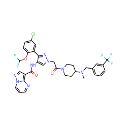 CN(Cc1cccc(C(F)(F)F)c1)C1CCN(C(=O)Cn2cc(NC(=O)c3cnn4cccnc34)c(-c3cc(Cl)ccc3OC(F)F)n2)CC1 ZINC001772649673