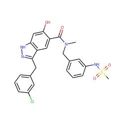 CN(Cc1cccc(NS(C)(=O)=O)c1)C(=O)c1cc2c(Cc3cccc(Cl)c3)n[nH]c2cc1O ZINC000084729092