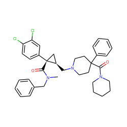 CN(Cc1ccccc1)C(=O)[C@@]1(c2ccc(Cl)c(Cl)c2)C[C@H]1CN1CCC(C(=O)N2CCCCC2)(c2ccccc2)CC1 ZINC000014209321