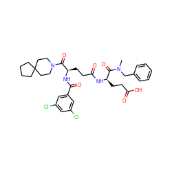 CN(Cc1ccccc1)C(=O)[C@@H](CCC(=O)O)NC(=O)CC[C@@H](NC(=O)c1cc(Cl)cc(Cl)c1)C(=O)N1CCC2(CCCC2)CC1 ZINC000029214786