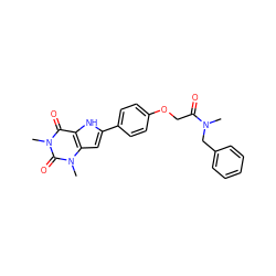 CN(Cc1ccccc1)C(=O)COc1ccc(-c2cc3c([nH]2)c(=O)n(C)c(=O)n3C)cc1 ZINC000013678875