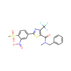 CN(Cc1ccccc1)C(=O)c1sc(-c2ccc(S(C)(=O)=O)c([N+](=O)[O-])c2)nc1C(F)(F)F ZINC000084690137