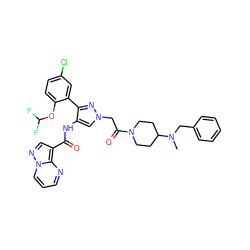 CN(Cc1ccccc1)C1CCN(C(=O)Cn2cc(NC(=O)c3cnn4cccnc34)c(-c3cc(Cl)ccc3OC(F)F)n2)CC1 ZINC001772657420