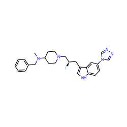 CN(Cc1ccccc1)C1CCN(C[C@H](F)Cc2c[nH]c3ccc(-n4cnnc4)cc23)CC1 ZINC000013557075